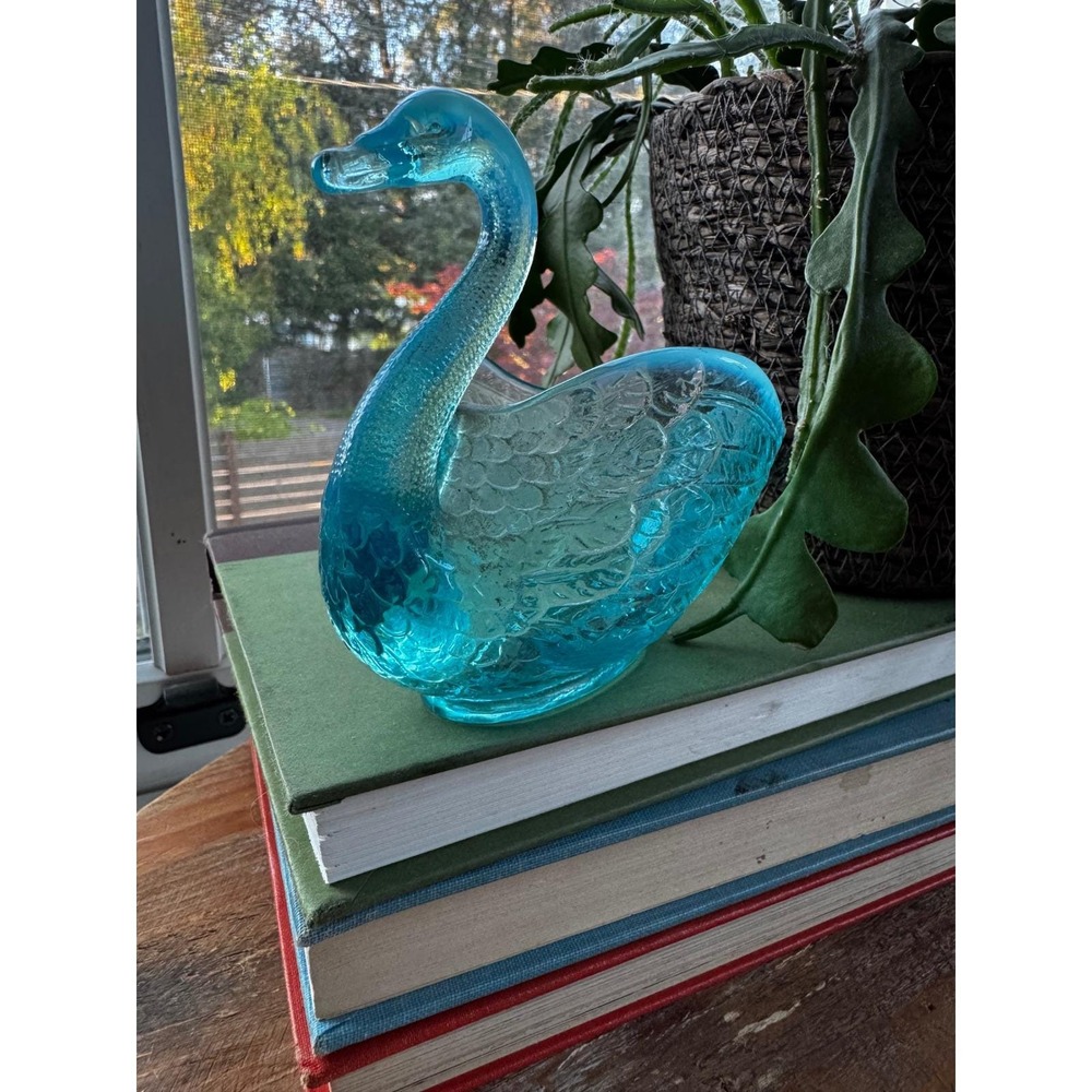 Vintage Fenton Style Aqua Blue Pressed Glass Swan Dish Trinket Bowl Turquoise